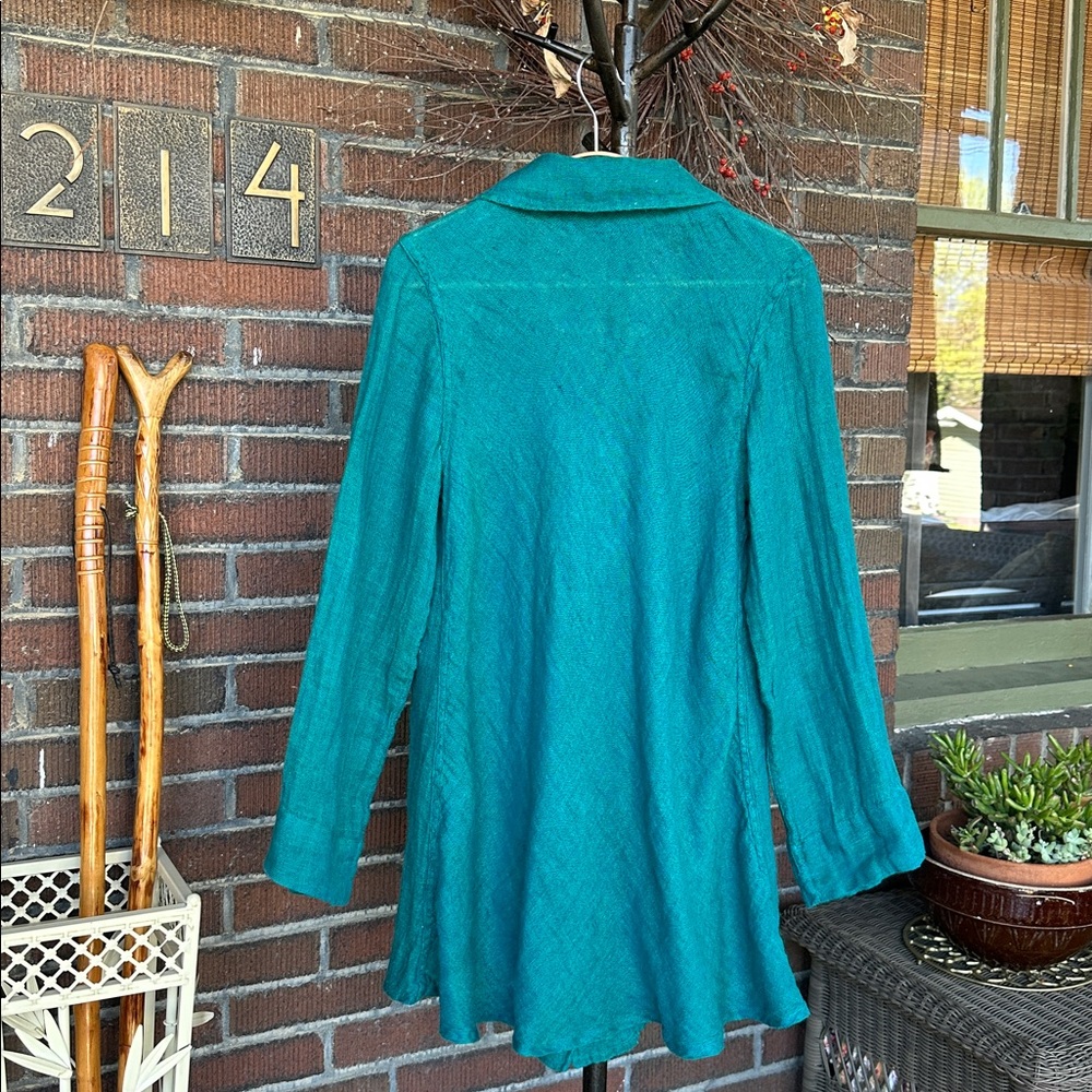 Flax teal green linen Lagenlook 2pc pants tunic/jacket. Size Small - Picture 3 of 13